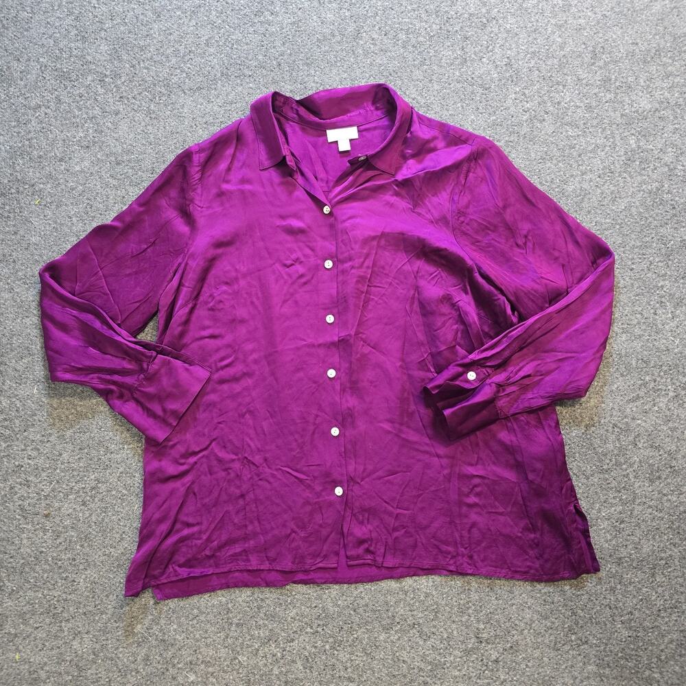 J Jill Top Women Size Large Petite Purple Satin Button Long Sleeve Casual Career